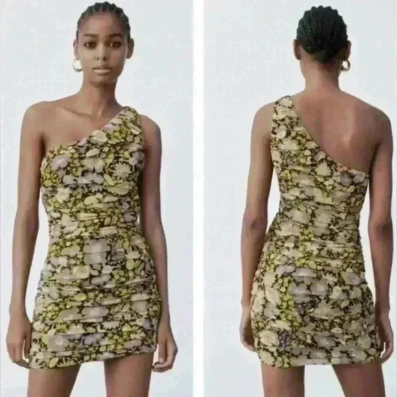 Zara ruched  one shoulder mini floral Black Gold Short Party Dress size S - Picture 1 of 9